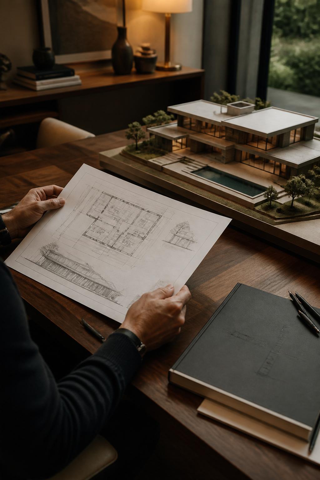 Architect reviewing plans alongside a scale model
